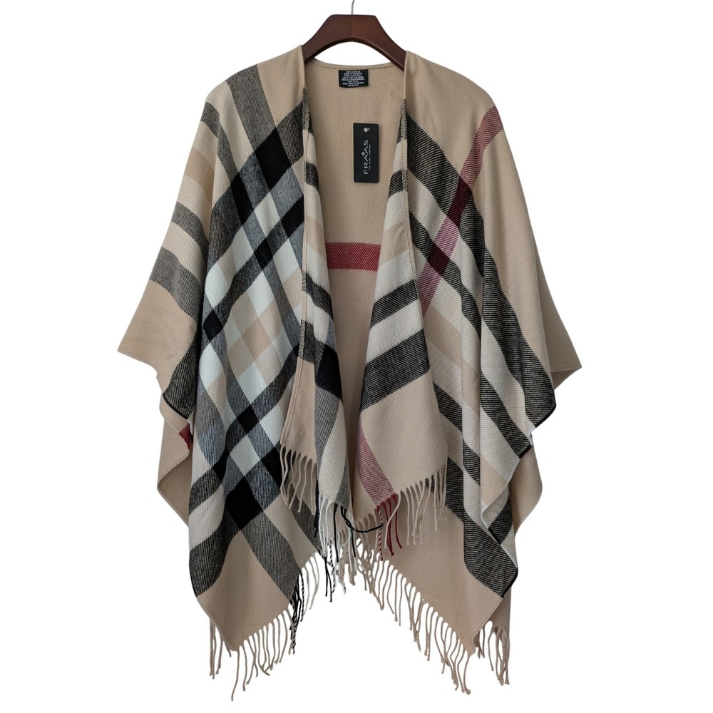 Fraas Plaid Cape‎ Wrap with Fringe-Trim Womens One Size Beige Plaid NWT $135